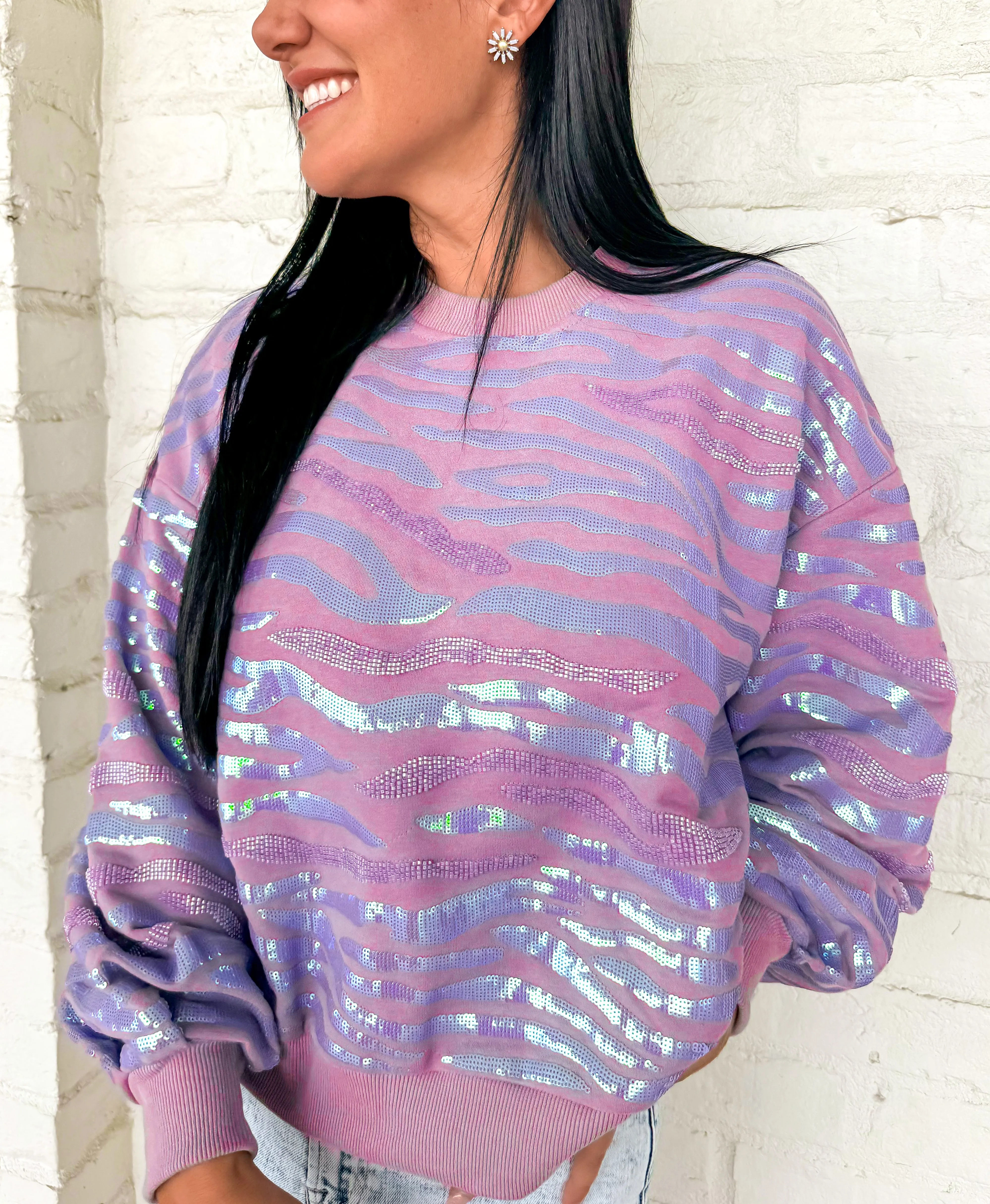 Queen of Sparkles Lavender Seed Bead & Sequin Embellished Tiger Sweatshirt