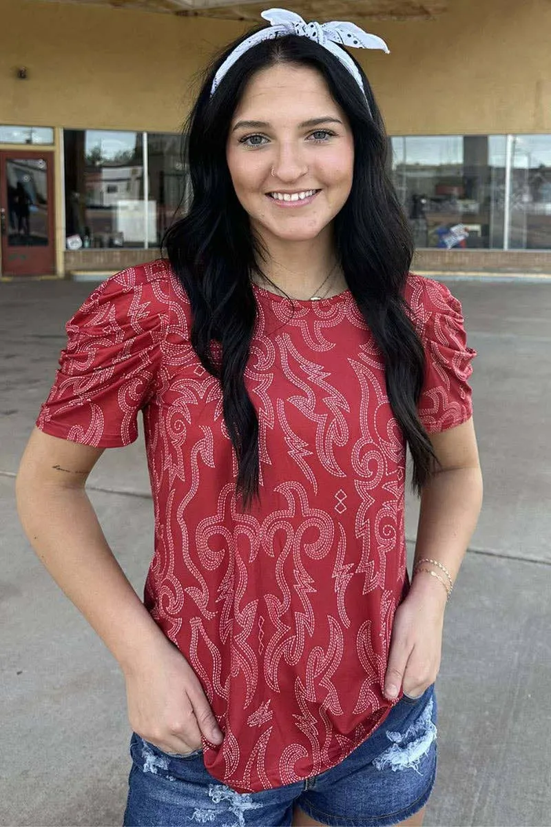 Red Short Sleeve Stitched Out Top - Boot Stitch Shirt