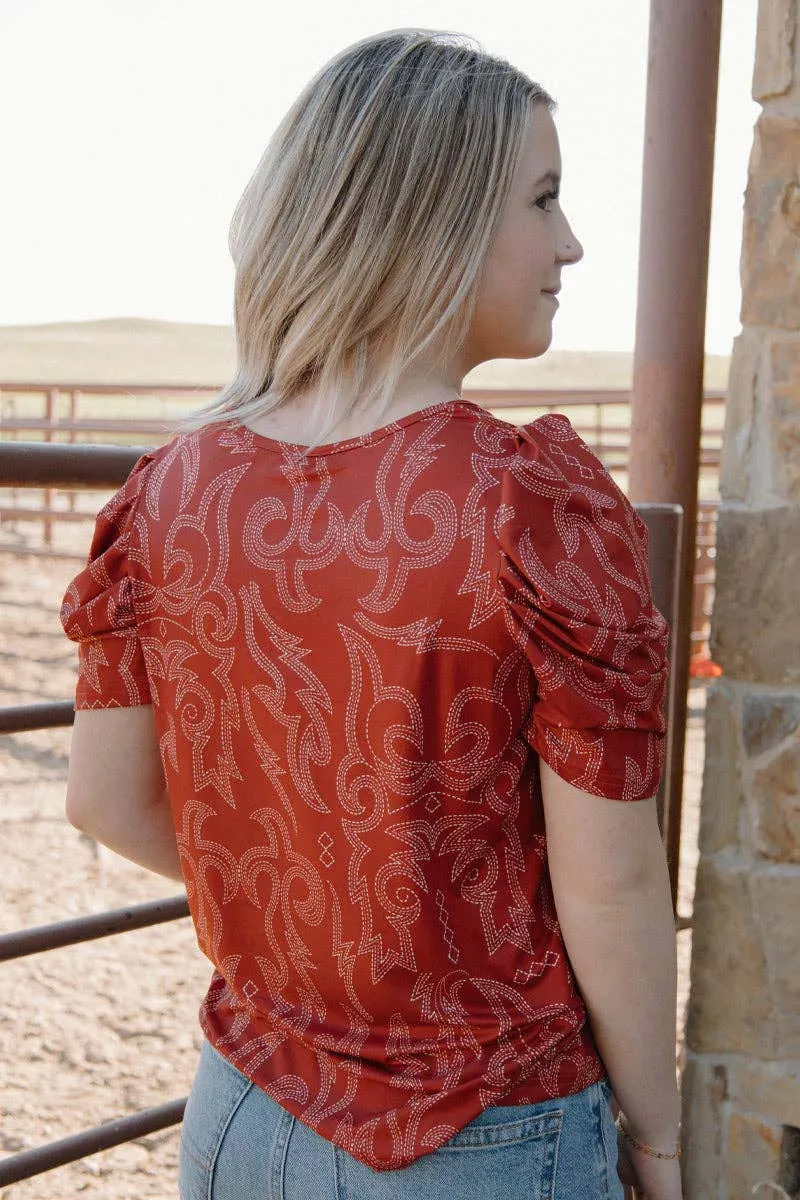 Red Short Sleeve Stitched Out Top - Boot Stitch Shirt