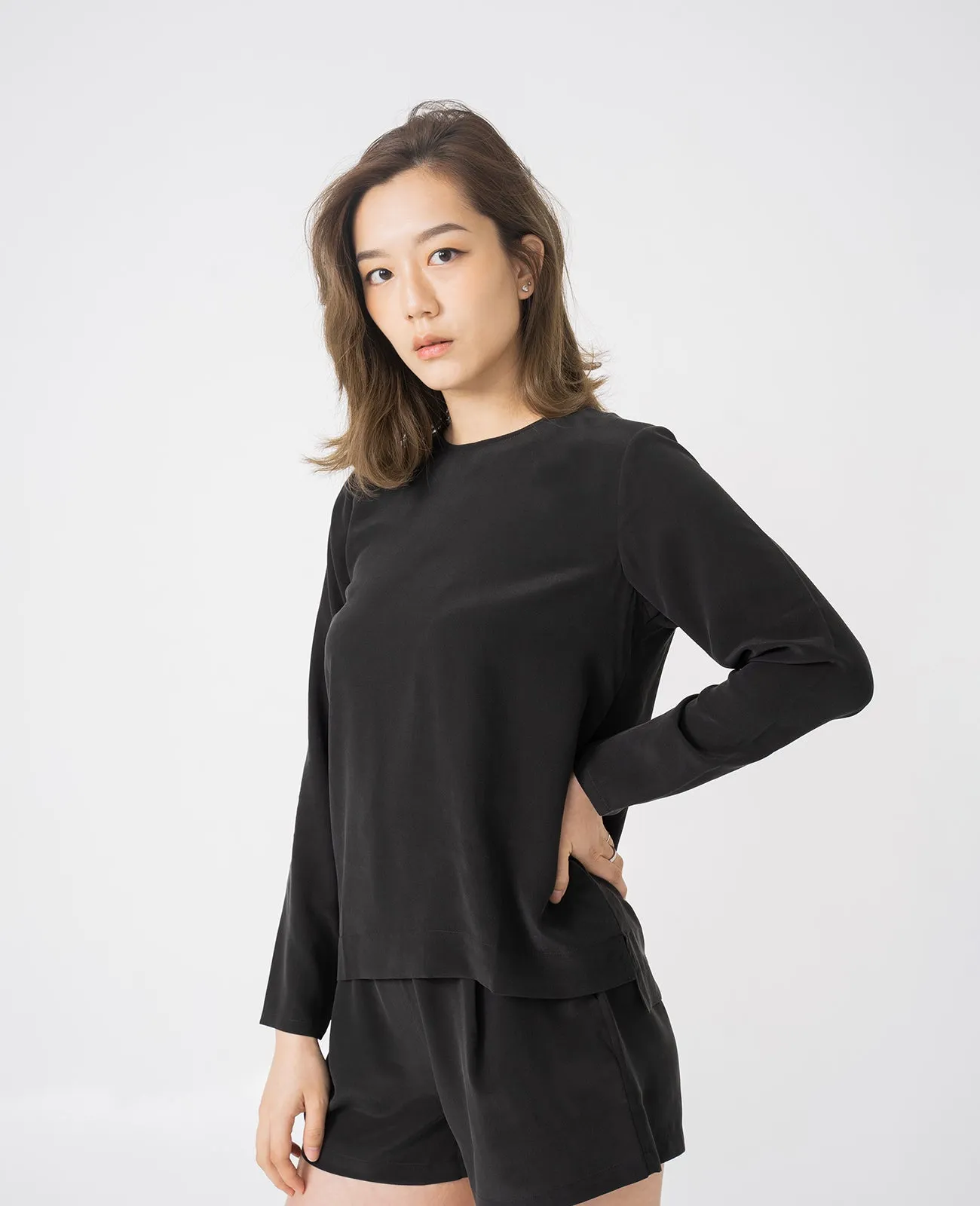 Silk Long Sleeve Crew Neck Blouse