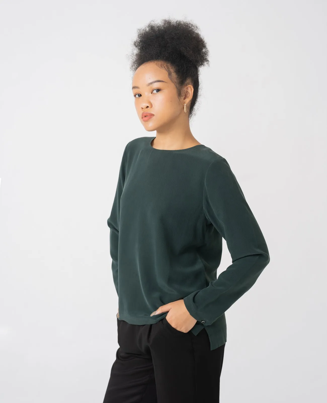 Silk Long Sleeve Crew Neck Blouse