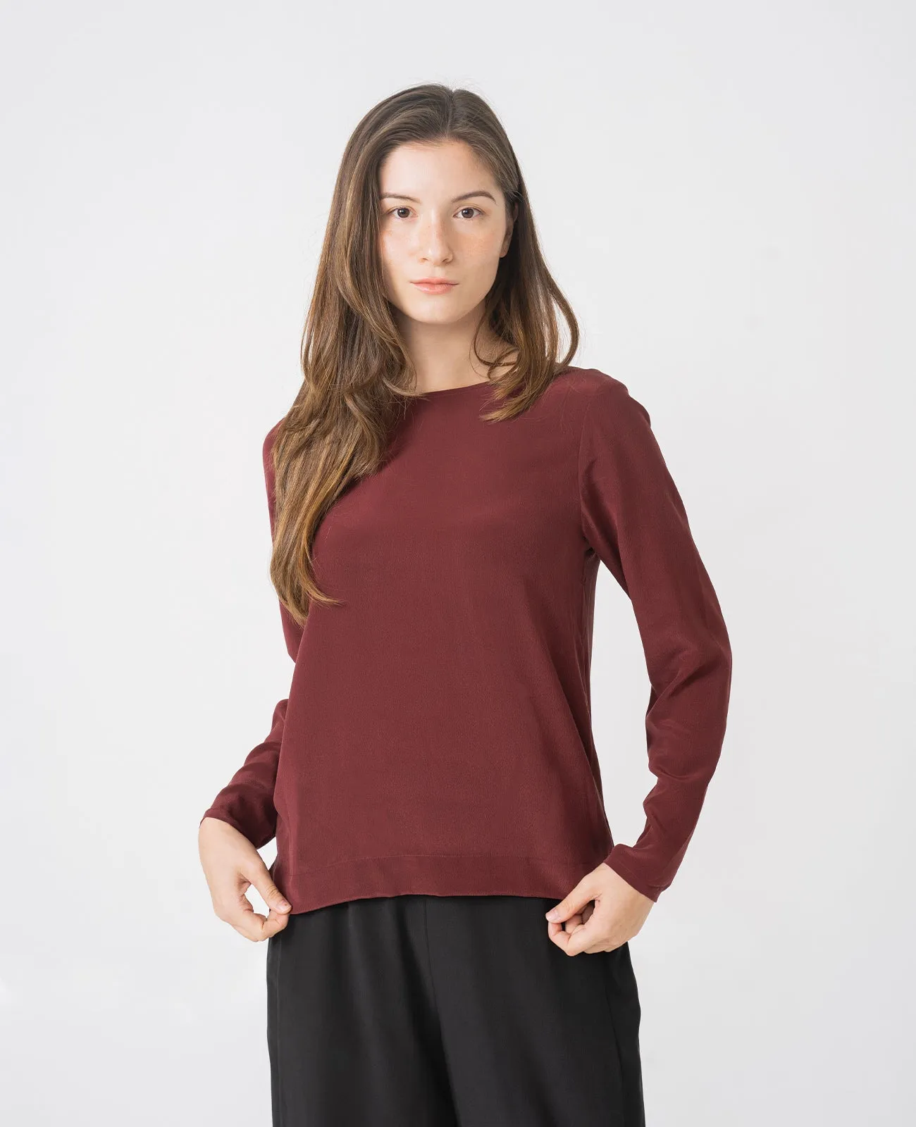 Silk Long Sleeve Crew Neck Blouse