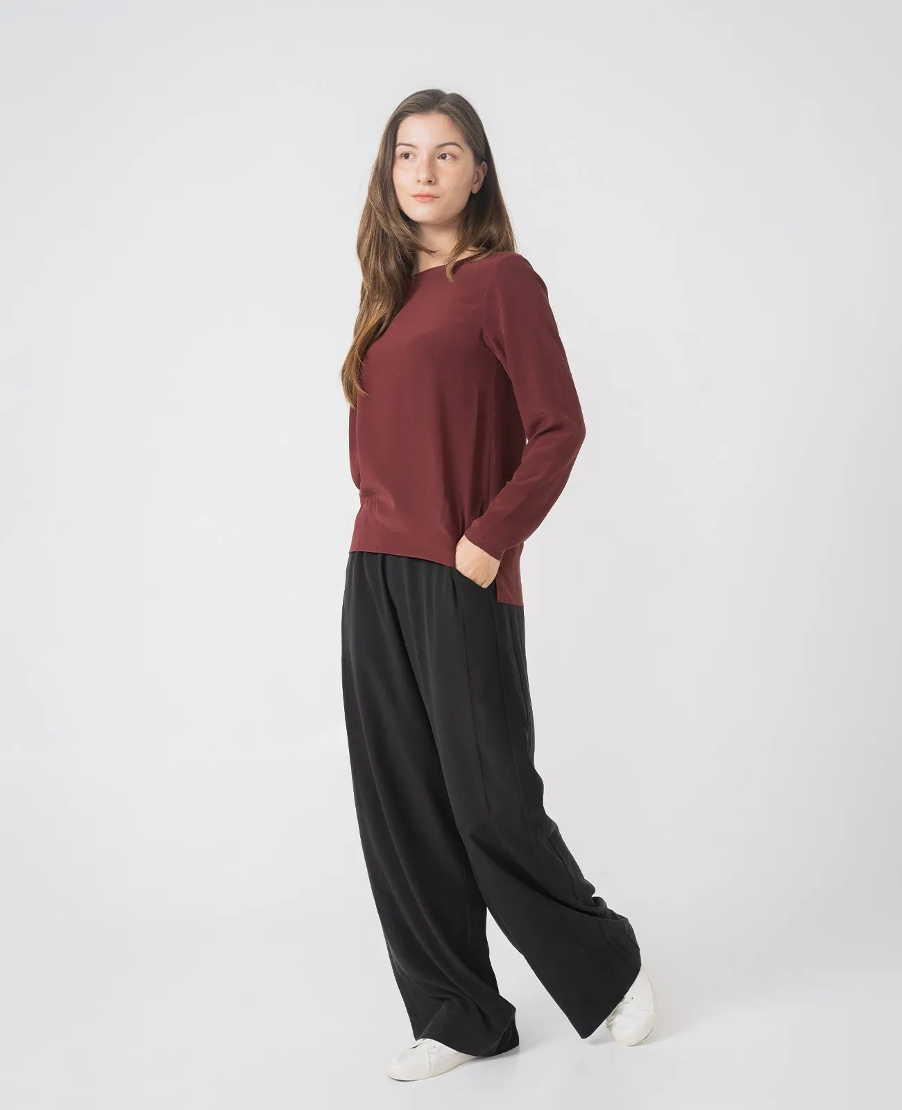 Silk Long Sleeve Crew Neck Blouse