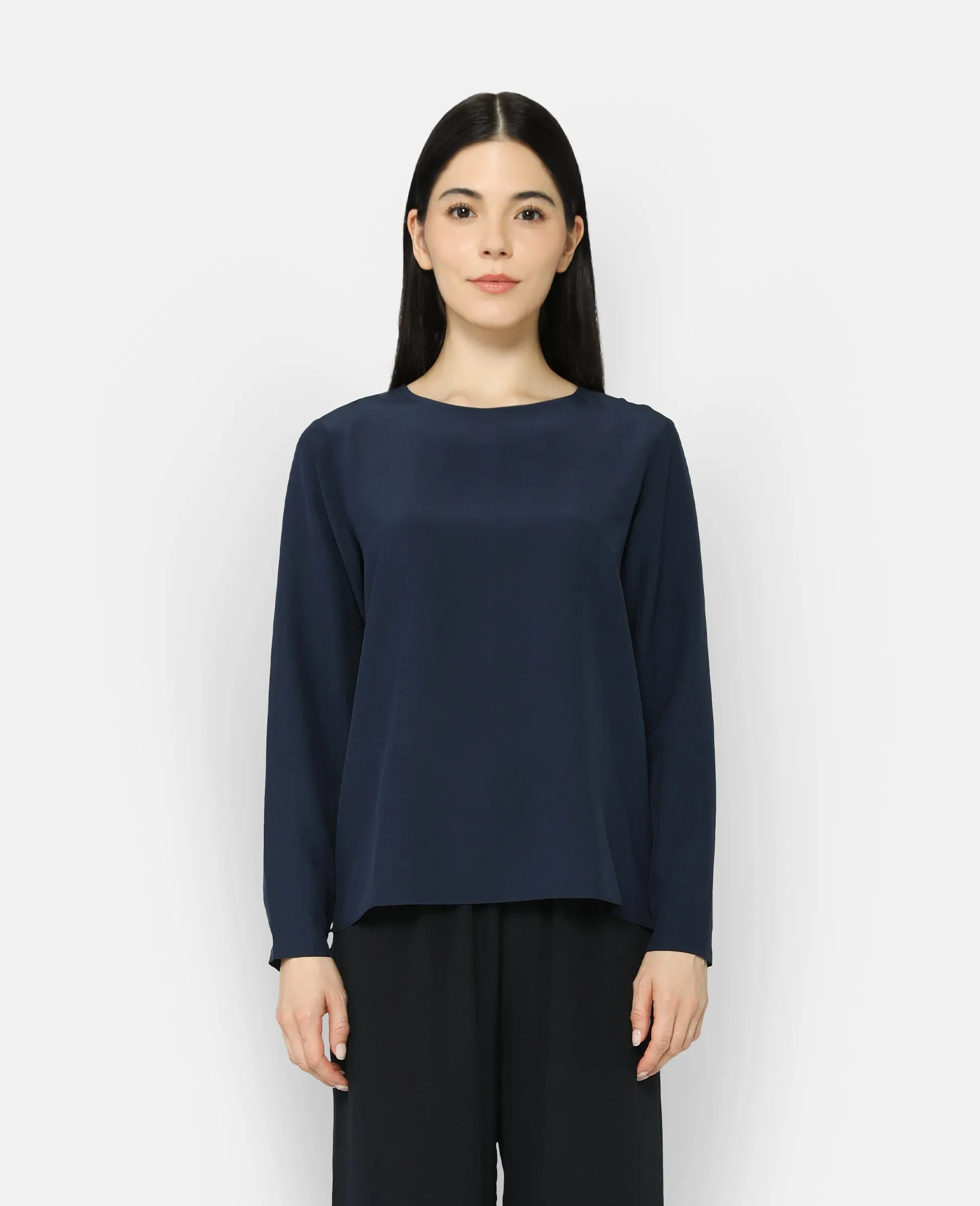 Silk Long Sleeve Crew Neck Blouse