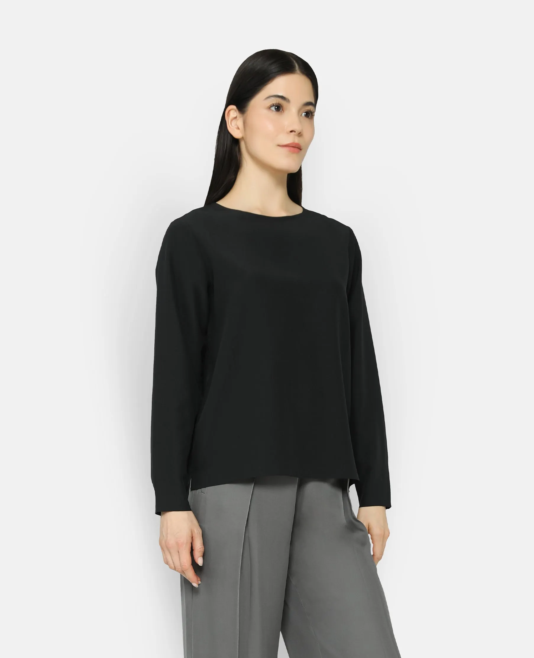 Silk Long Sleeve Crew Neck Blouse