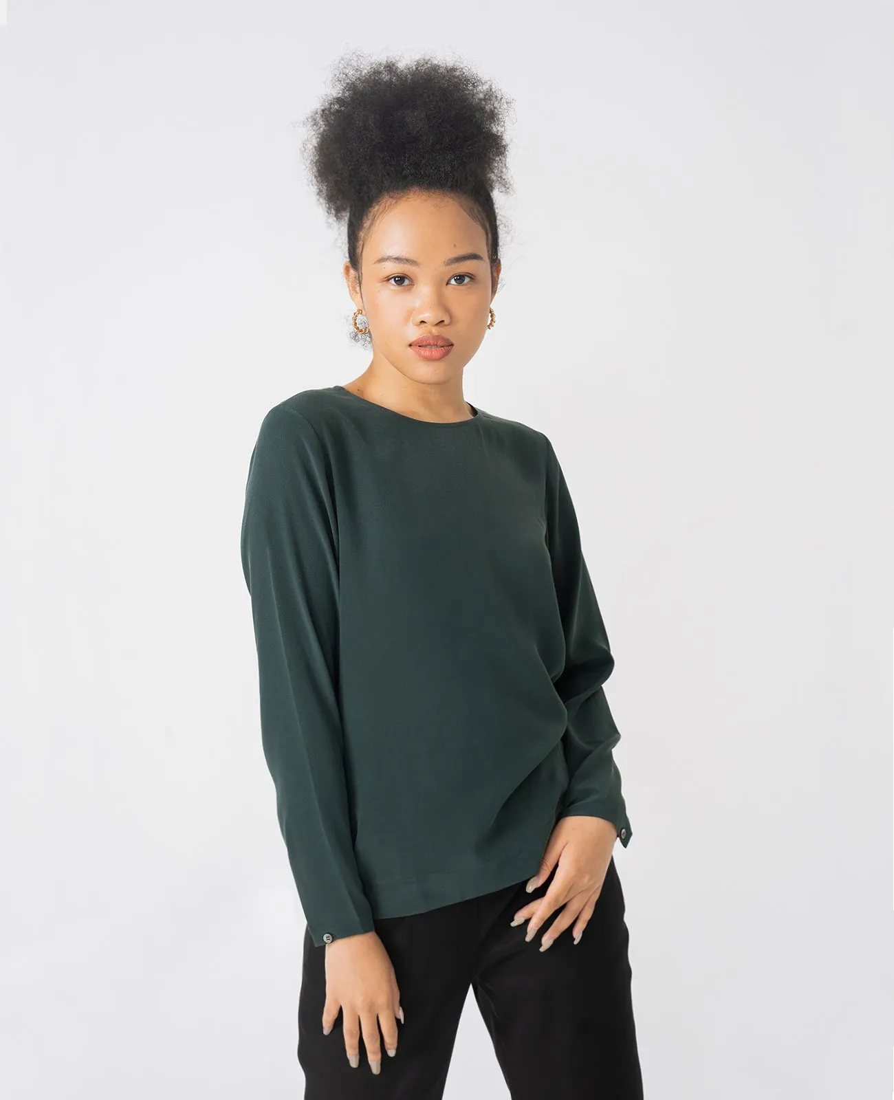 Silk Long Sleeve Crew Neck Blouse