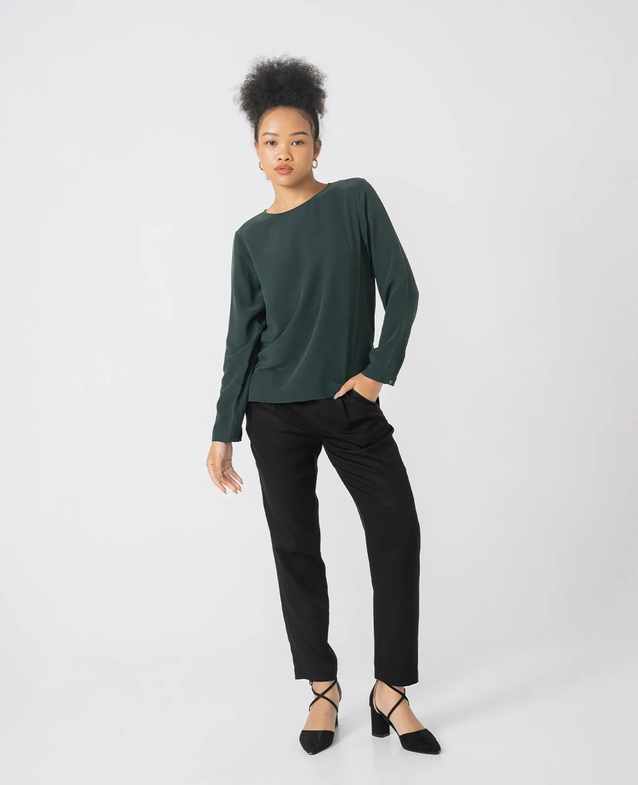 Silk Long Sleeve Crew Neck Blouse