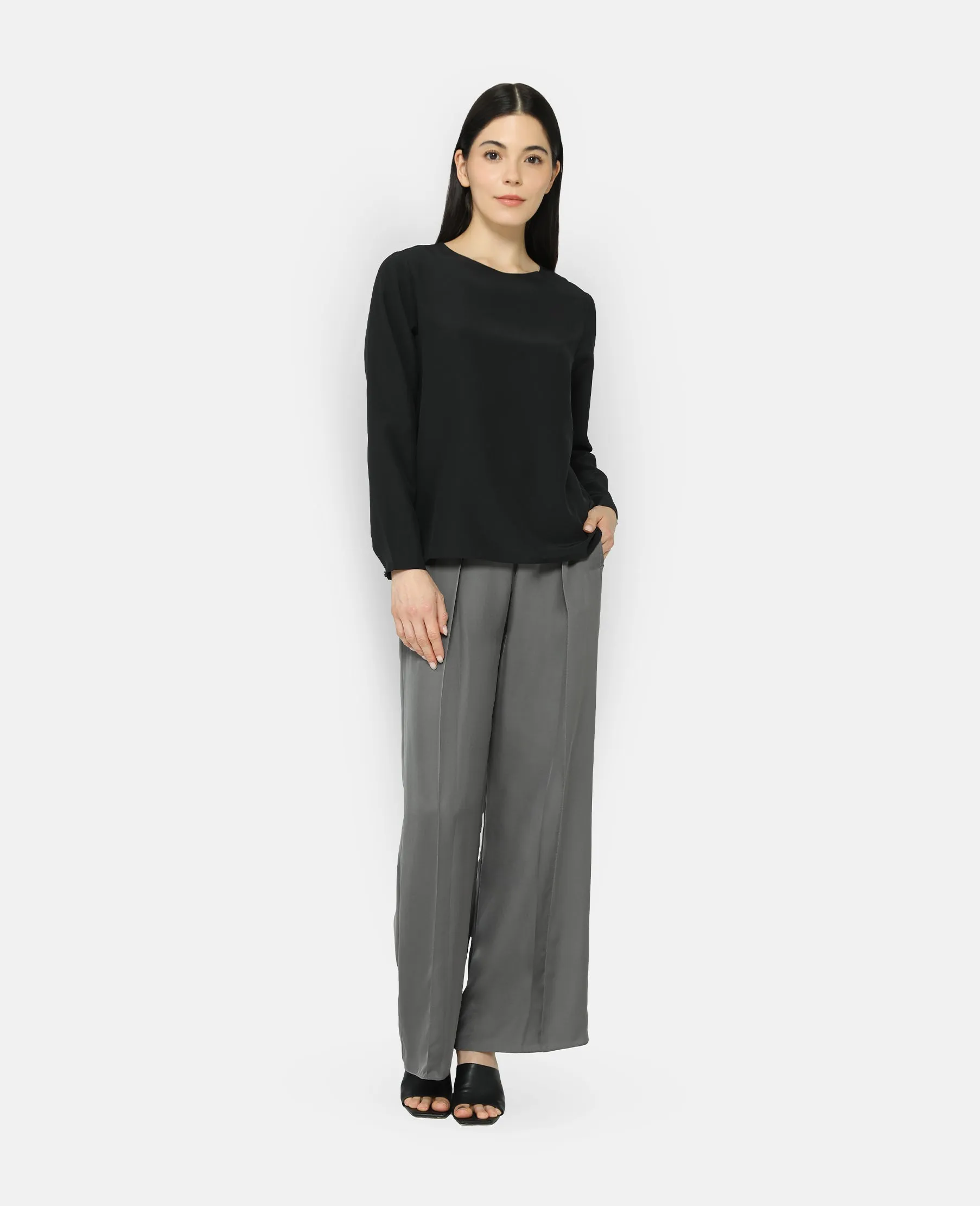 Silk Long Sleeve Crew Neck Blouse