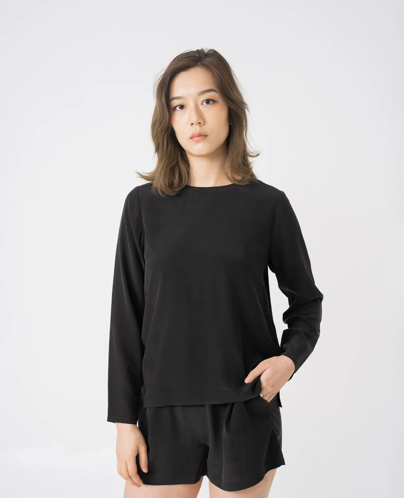 Silk Long Sleeve Crew Neck Blouse