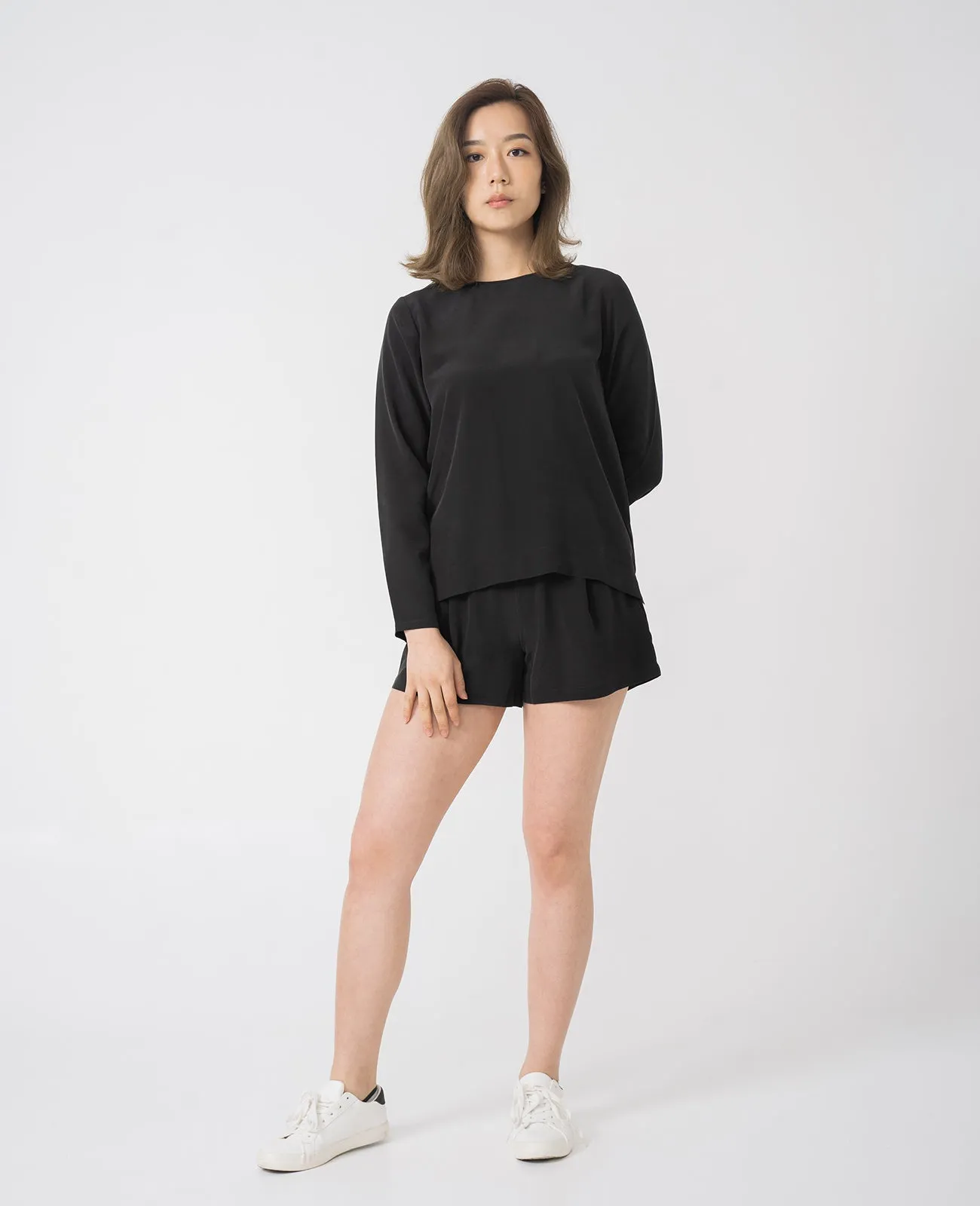 Silk Long Sleeve Crew Neck Blouse