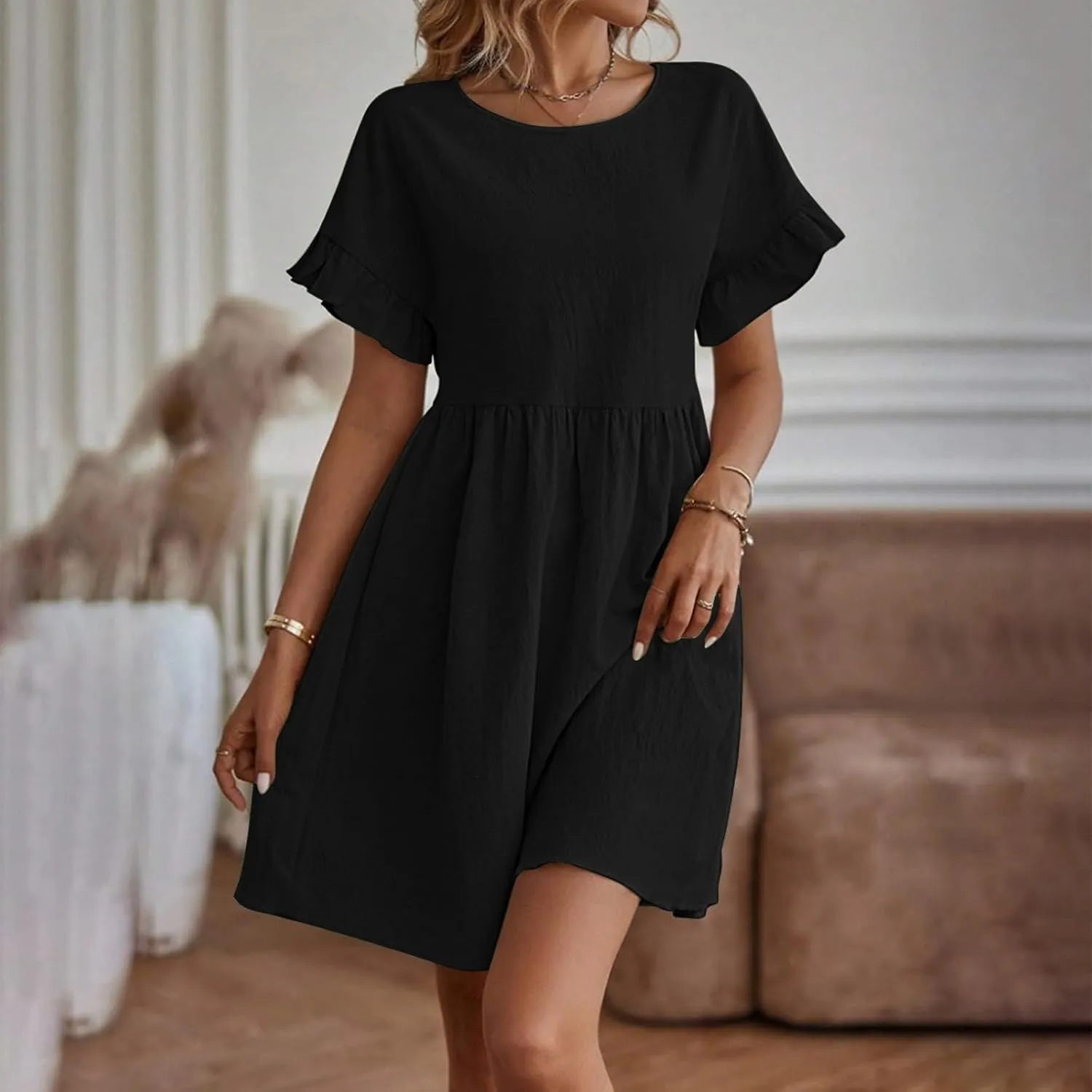 Summer Dresses for Women 2025 Crew Neck Ruffle Sleeve Cute Babydoll Mini Dress Pleated Swing A-Line Sundresses
