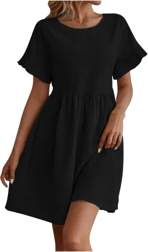 Summer Dresses for Women 2025 Crew Neck Ruffle Sleeve Cute Babydoll Mini Dress Pleated Swing A-Line Sundresses