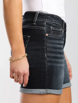 Summer Vintage Whiskering Roll Up Hem Denim Shorts - Medium Stretch, Zipper Button Closure, Solid Color, Washed, Retro Style, Woven - Womens Classic Denim Jeans Clothing for Summer Season