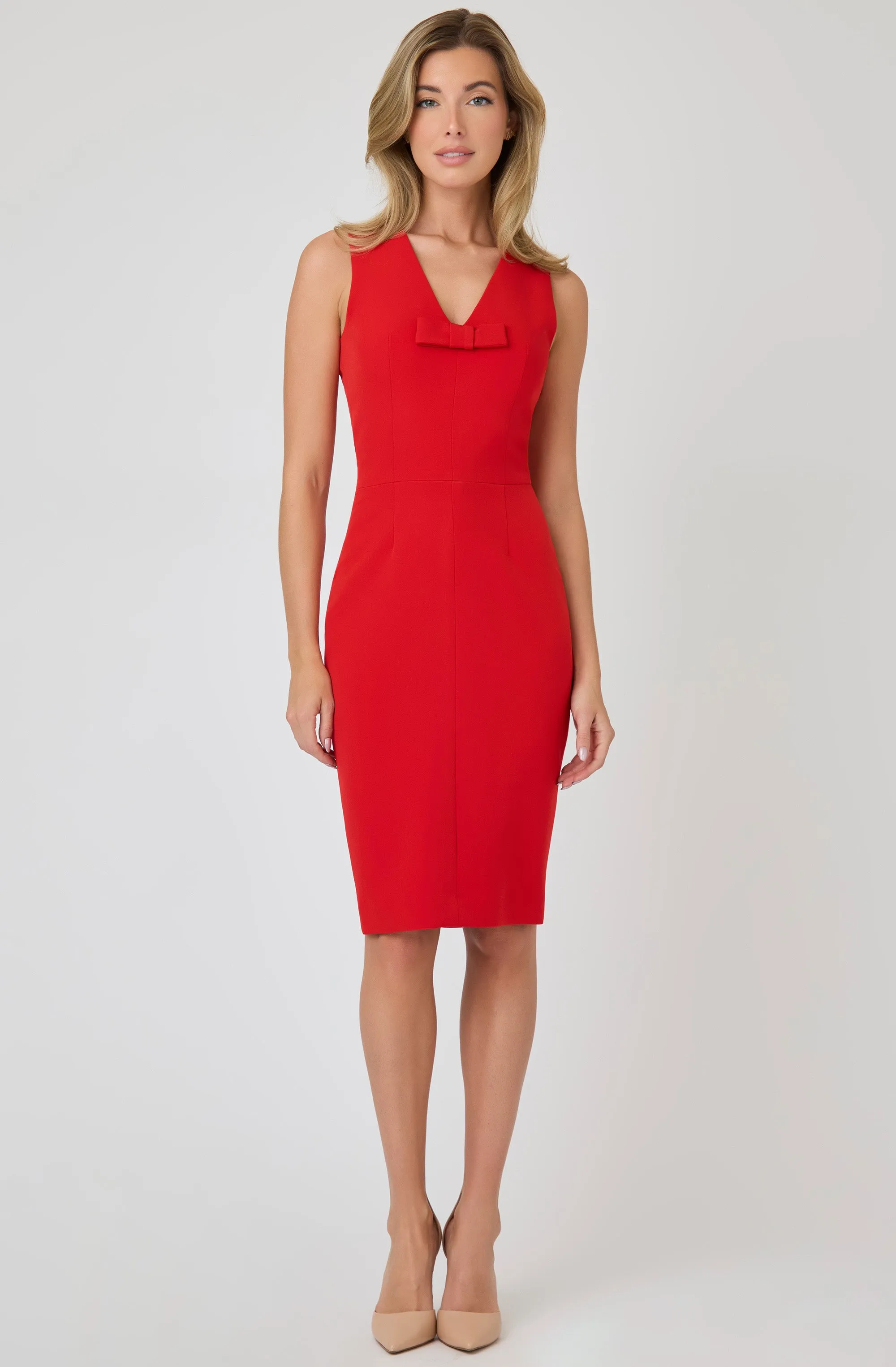 Tailored Sleeveless Dress with Bow Accent