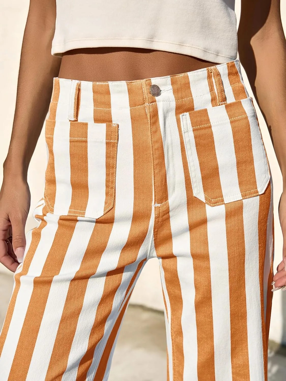 Tankaneo Womens Cropped Striped Jeans Casual High Waisted Stretchy Straight Leg Denim Pants with Pockets