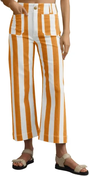 Tankaneo Womens Cropped Striped Jeans Casual High Waisted Stretchy Straight Leg Denim Pants with Pockets