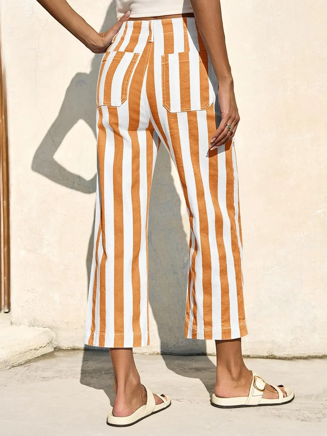 Tankaneo Womens Cropped Striped Jeans Casual High Waisted Stretchy Straight Leg Denim Pants with Pockets