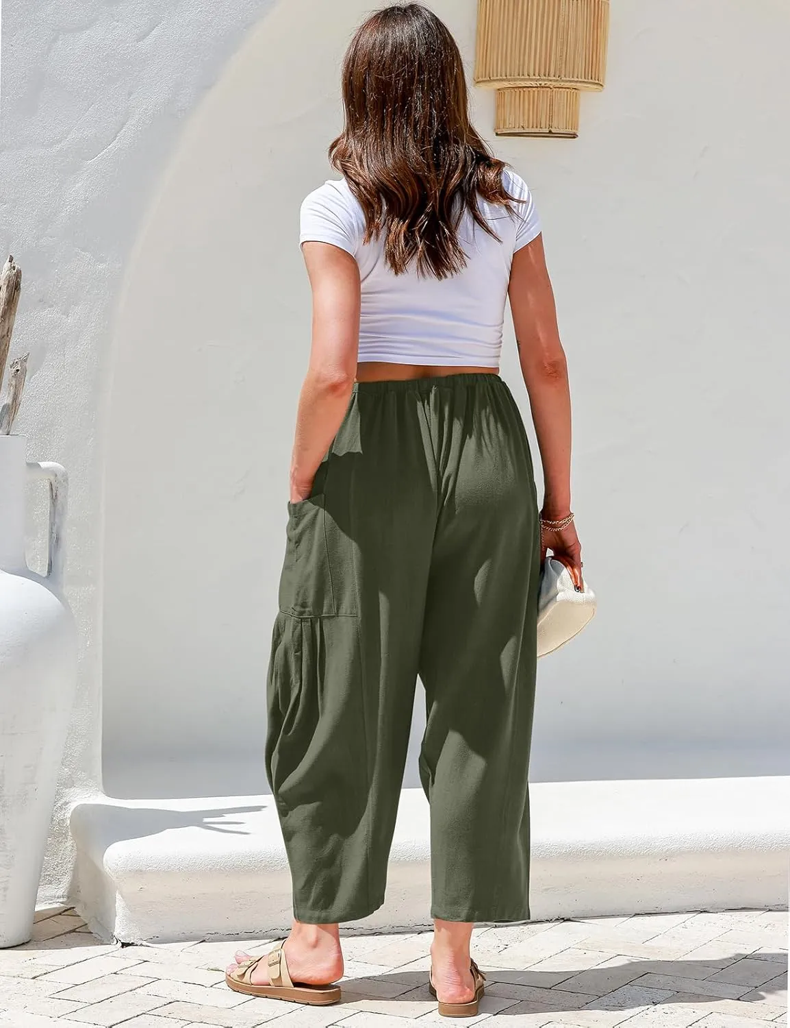 TARSE Womens Linen Wide Leg Pants Casual Loose Drawstring Summer Beach Travel Vacation Palazzo Harem Pants with Pockets