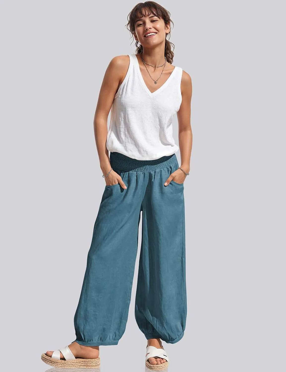 TARSE Womens Linen Wide Leg Pants Casual Loose Elastic Waisted Barrel Beach Palazzo Pants with Pockets