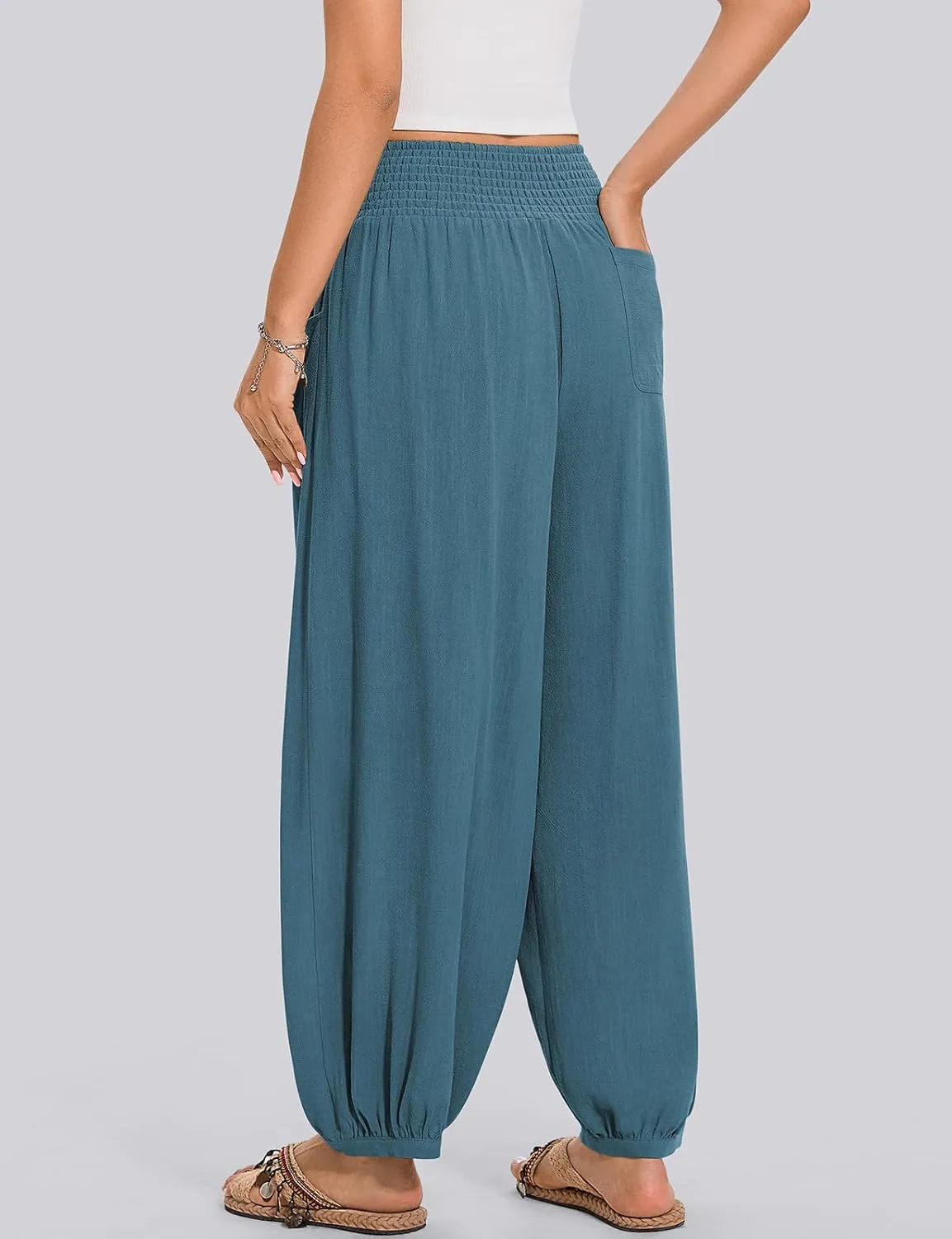 TARSE Womens Linen Wide Leg Pants Casual Loose Elastic Waisted Barrel Beach Palazzo Pants with Pockets