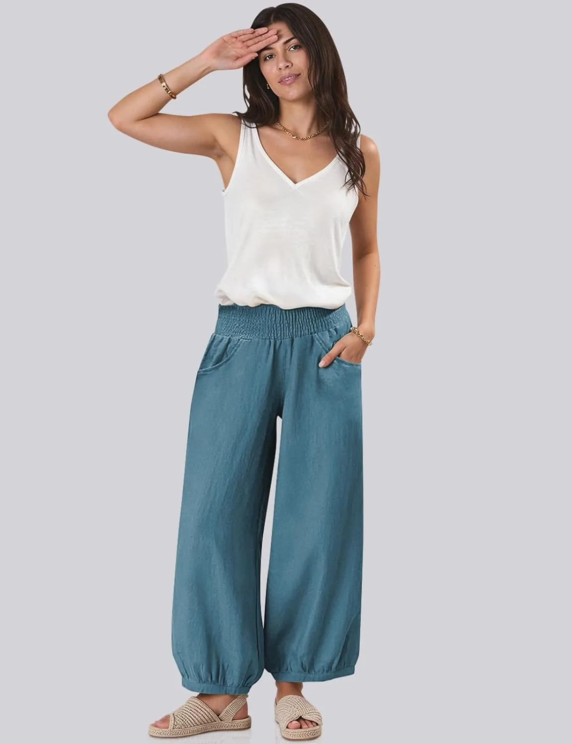 TARSE Womens Linen Wide Leg Pants Casual Loose Elastic Waisted Barrel Beach Palazzo Pants with Pockets
