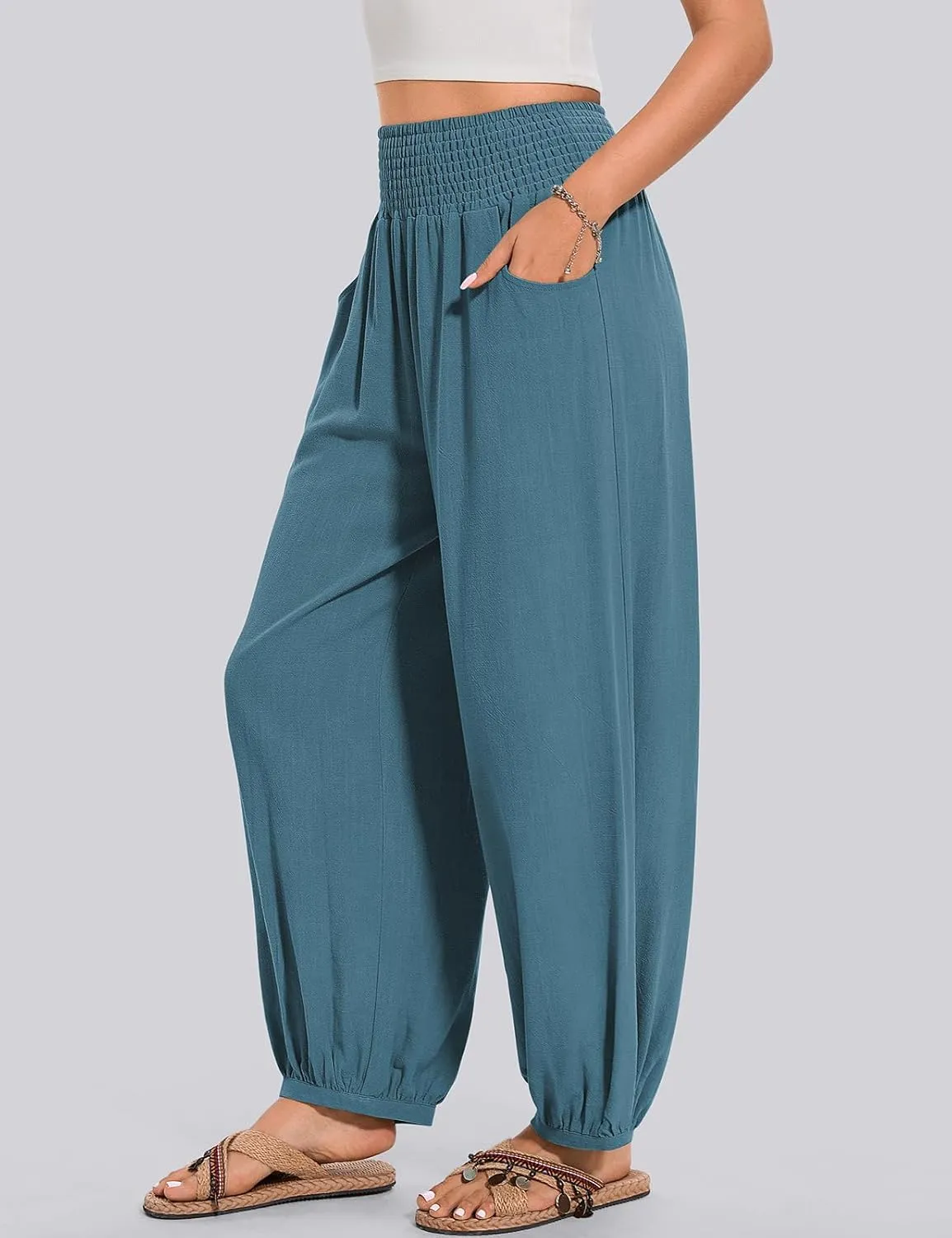 TARSE Womens Linen Wide Leg Pants Casual Loose Elastic Waisted Barrel Beach Palazzo Pants with Pockets