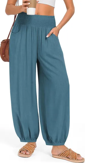TARSE Womens Linen Wide Leg Pants Casual Loose Elastic Waisted Barrel Beach Palazzo Pants with Pockets