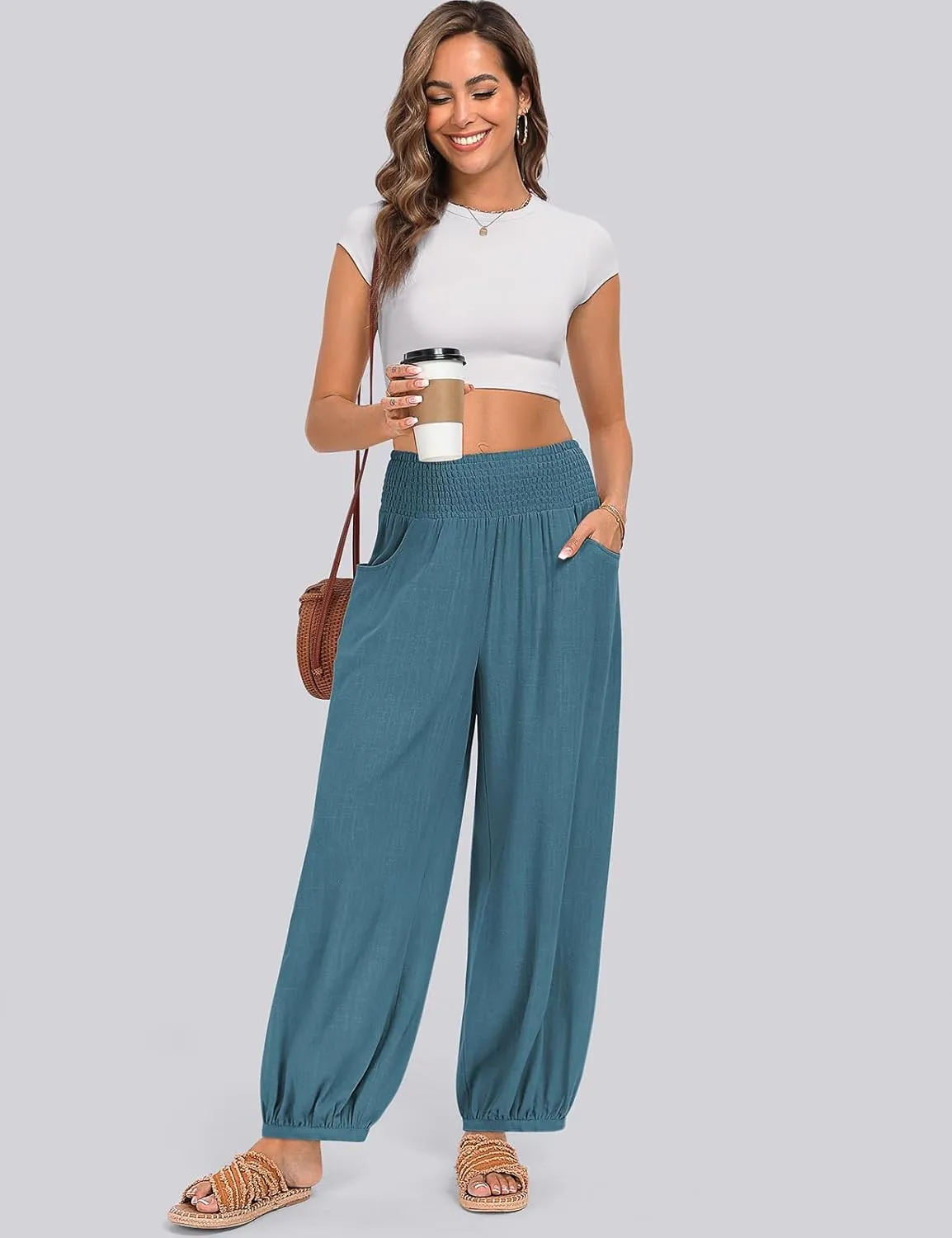 TARSE Womens Linen Wide Leg Pants Casual Loose Elastic Waisted Barrel Beach Palazzo Pants with Pockets