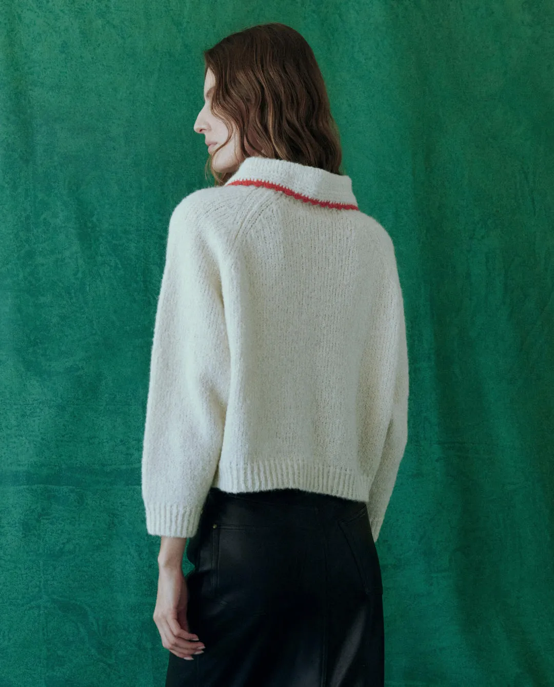 Cozy Crochet Collar Pullover Sweater in Soft White with Cherry Accents