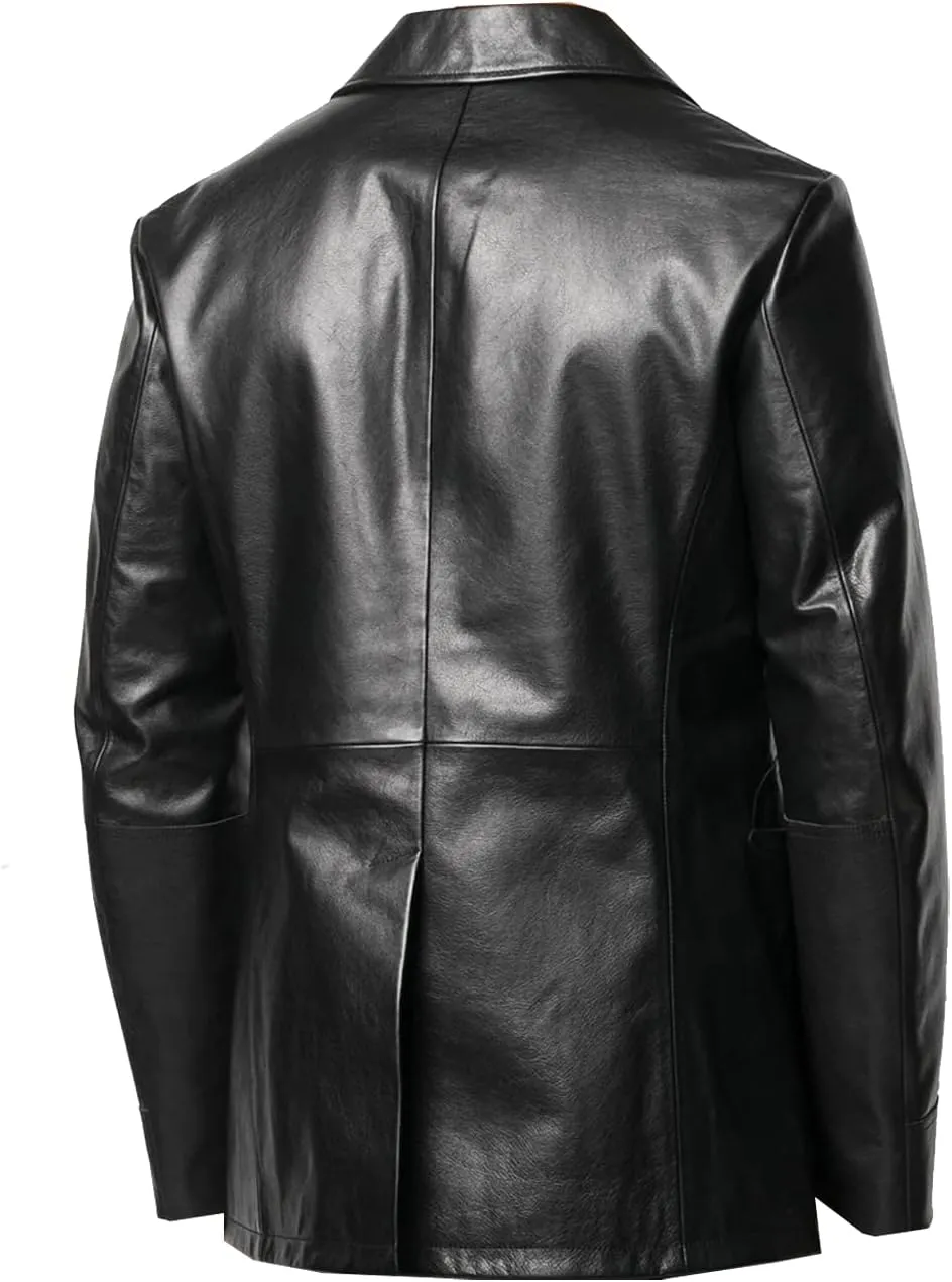 TIPTOP Graceful Classic Double Breasted Coat For Men Real Leather Jacket Regular and Plus Size Black
