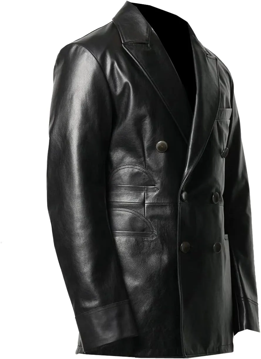 TIPTOP Graceful Classic Double Breasted Coat For Men Real Leather Jacket Regular and Plus Size Black
