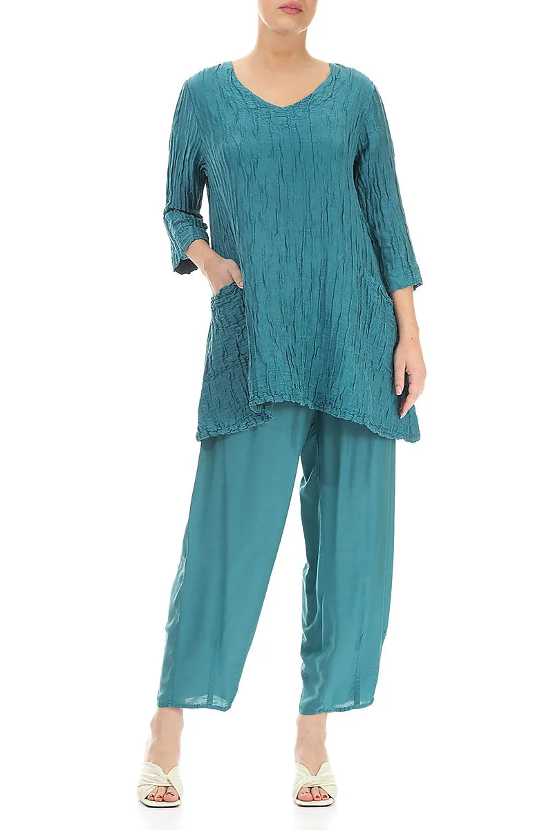 Twin Pockets Turquoise Crinkled Silk Tunic