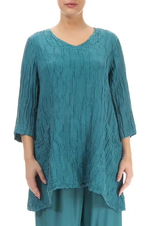 Twin Pockets Turquoise Crinkled Silk Tunic