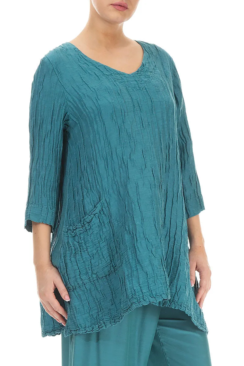 Twin Pockets Turquoise Crinkled Silk Tunic