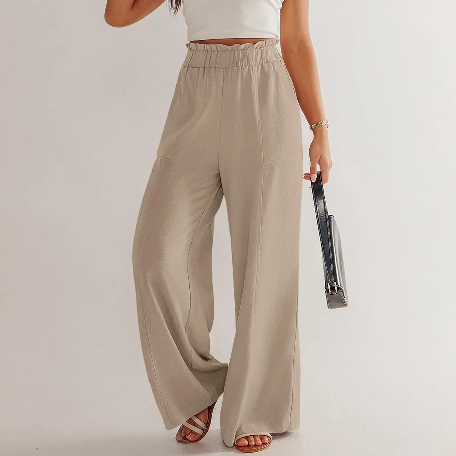 Wide Leg Dress Pants for Women Elastic Waist Loose Fit Work Pants Casual High Waisted Dressy Trousers with Pockets