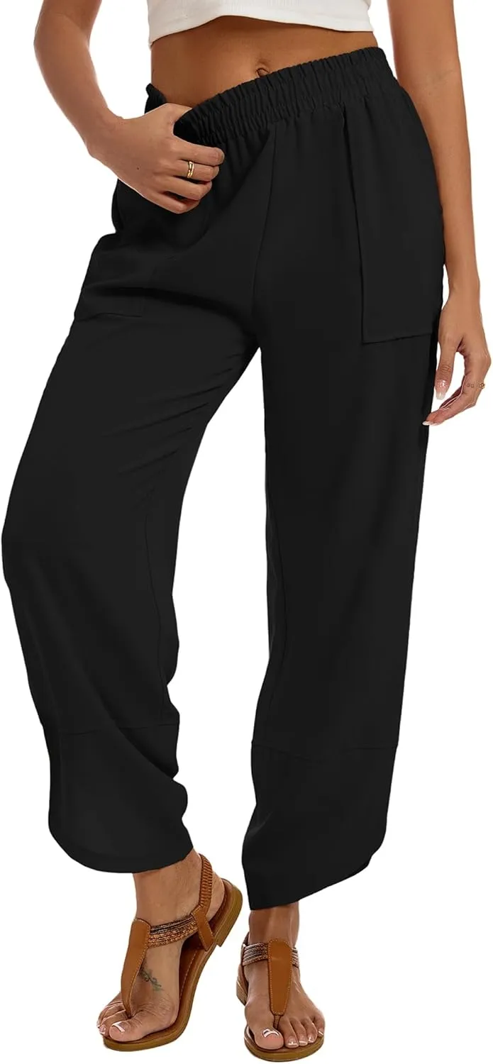 Wide Leg Pants for Women Casual Elastic High Waisted Palazzo Harem Pants with Pockets