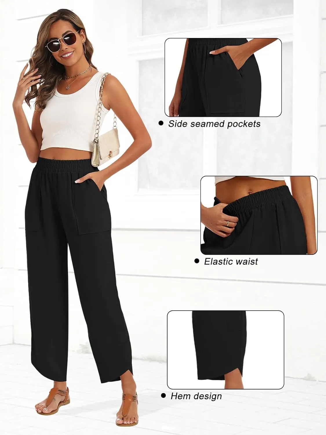 Wide Leg Pants for Women Casual Elastic High Waisted Palazzo Harem Pants with Pockets