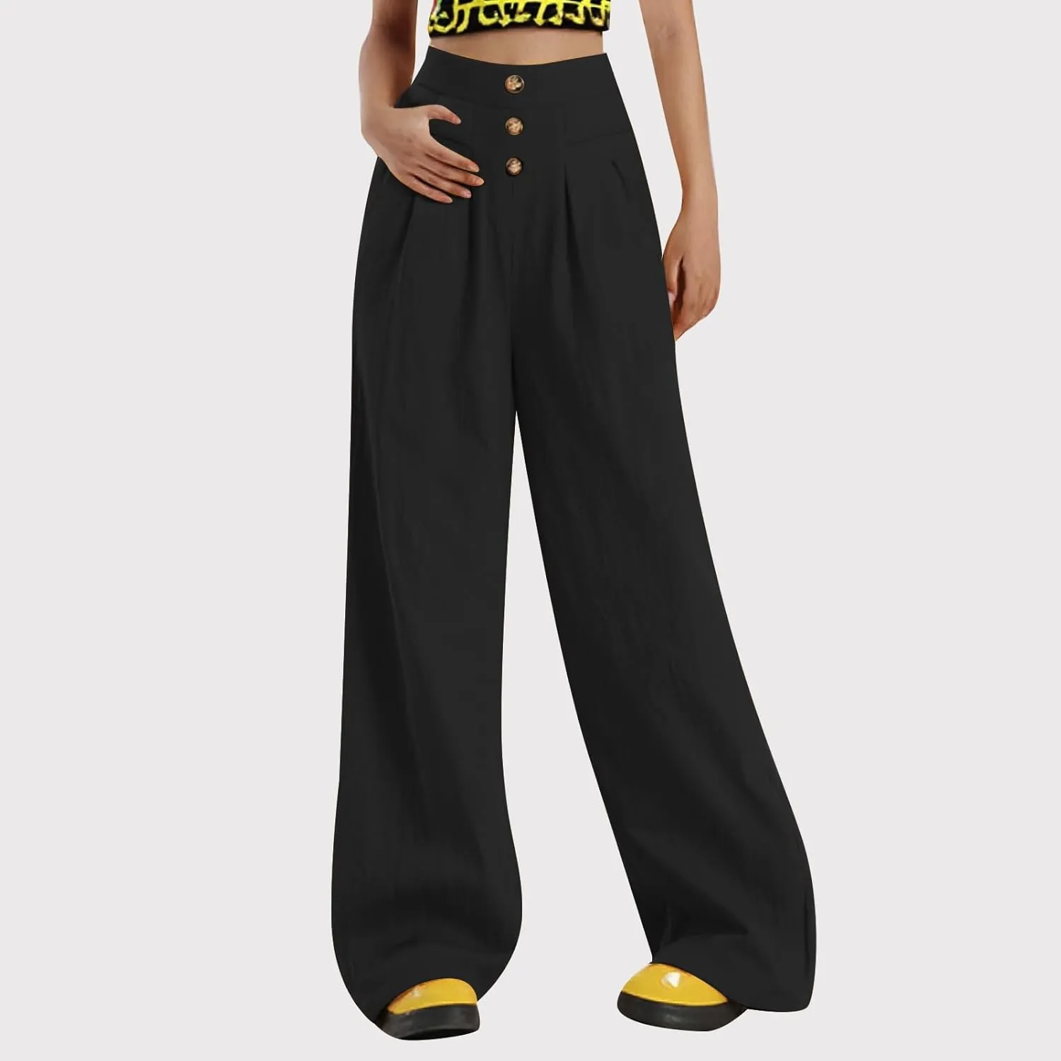 Women Linen Pants 2025 Summer Casual Loose Wide Leg Palazzo Pants Smocked High Waist Flowy Beach Trousers Lounge