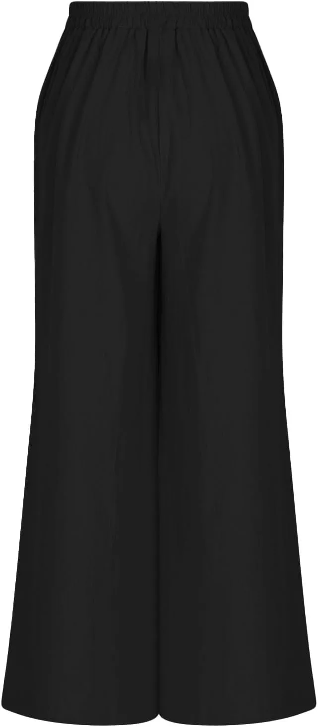 Women Linen Pants 2025 Summer Casual Loose Wide Leg Palazzo Pants Smocked High Waist Flowy Beach Trousers Lounge