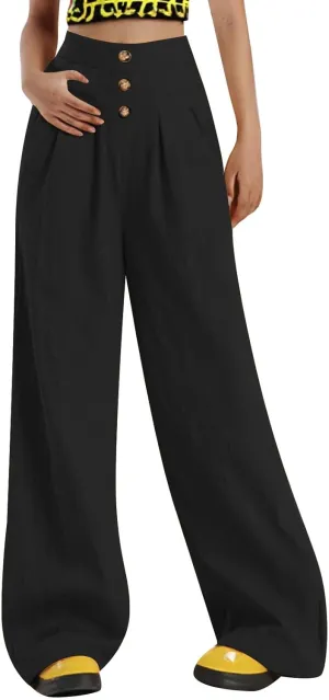 Women Linen Pants 2025 Summer Casual Loose Wide Leg Palazzo Pants Smocked High Waist Flowy Beach Trousers Lounge