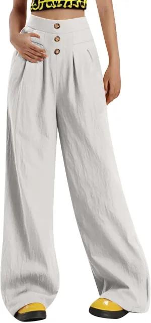 Women Linen Pants 2025 Summer Casual Loose Wide Leg Palazzo Pants Smocked High Waist Flowy Beach Trousers Lounge