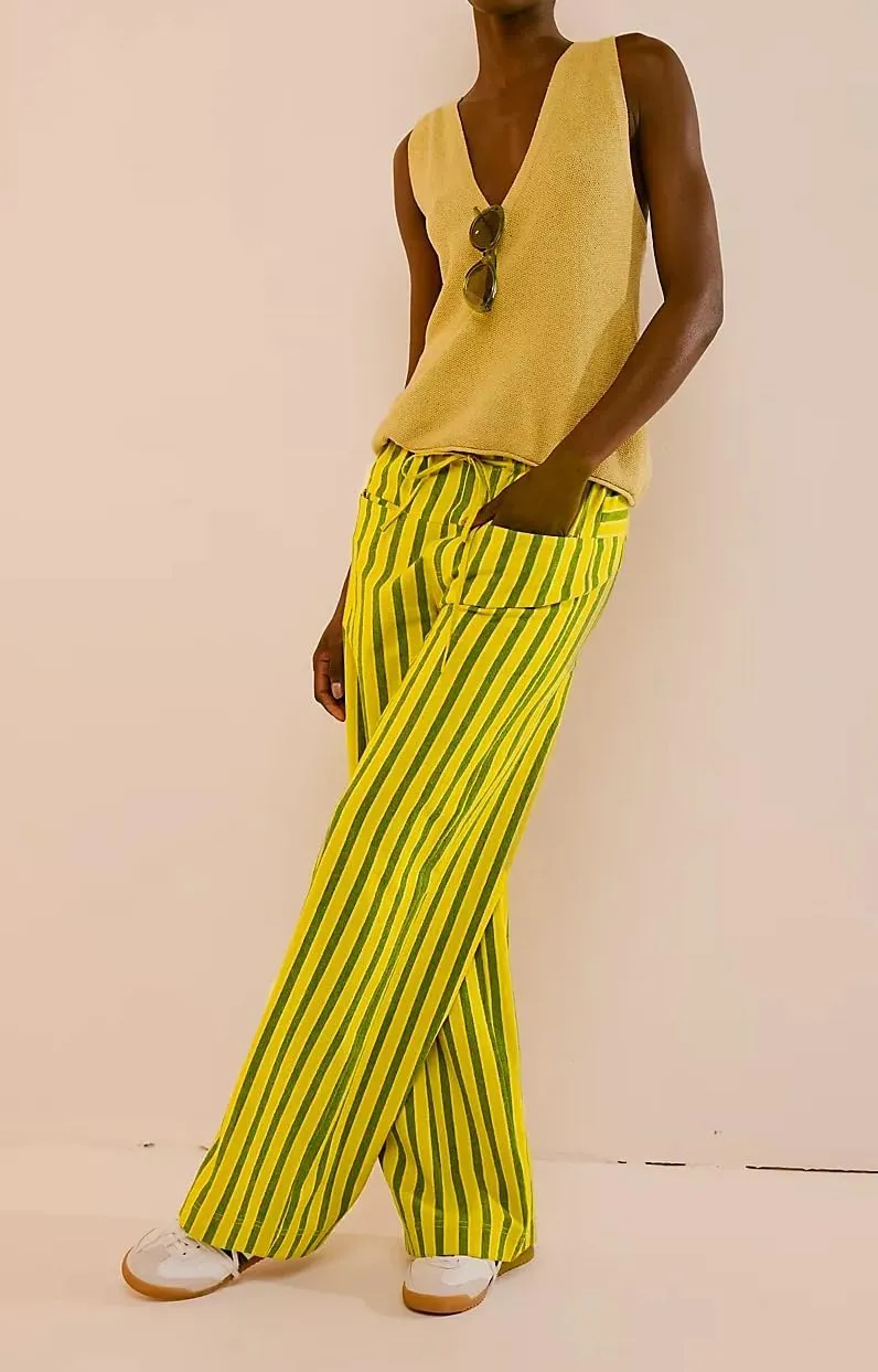 Women Wide Leg Striped Pants Cotton Casual Comfy Loose Lounge Drawstring Palazzo Trousers with Pockets