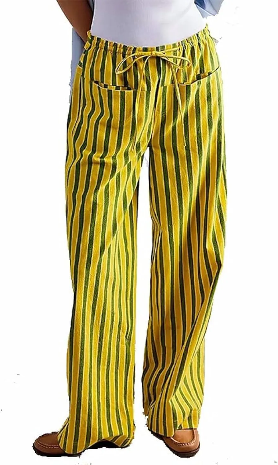 Women Wide Leg Striped Pants Cotton Casual Comfy Loose Lounge Drawstring Palazzo Trousers with Pockets