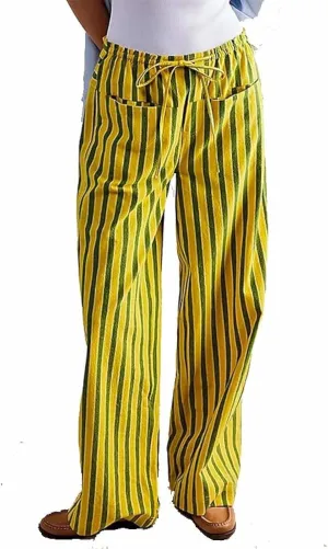 Women Wide Leg Striped Pants Cotton Casual Comfy Loose Lounge Drawstring Palazzo Trousers with Pockets