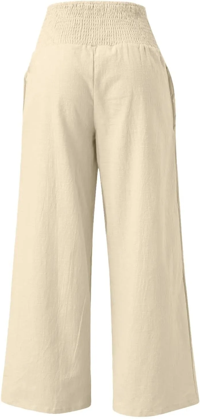Womens Linen Palazzo Pants Elastic Waist Wide Leg Trousers with Pockets Summer Vacation Lounge Beach Clothes