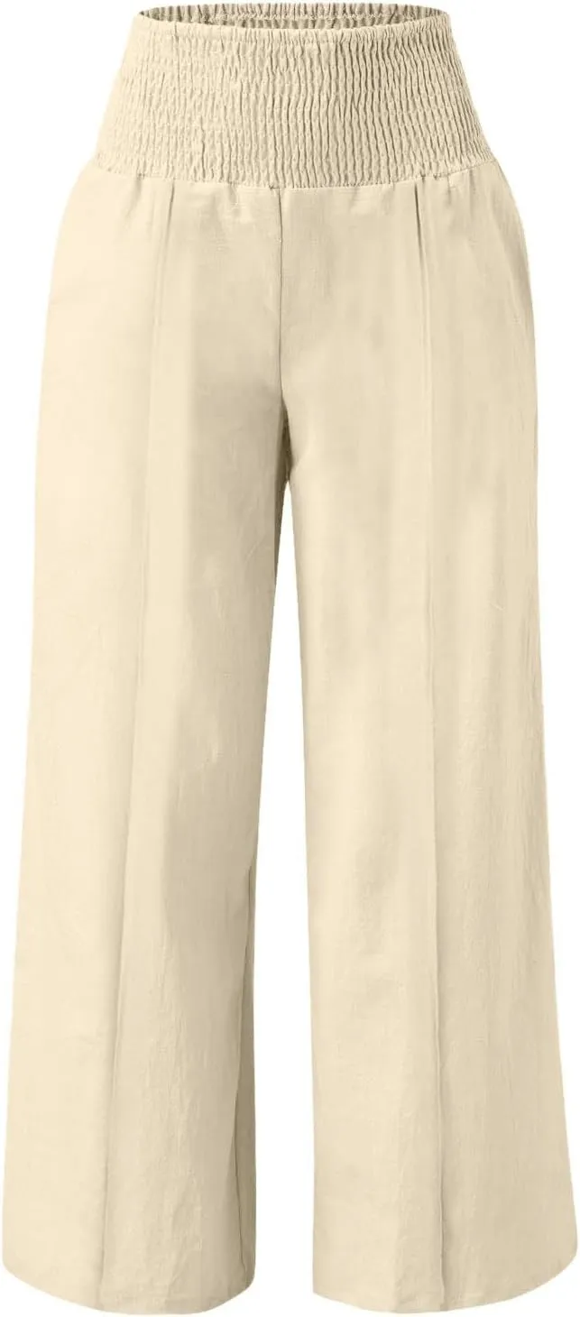 Womens Linen Palazzo Pants Elastic Waist Wide Leg Trousers with Pockets Summer Vacation Lounge Beach Clothes