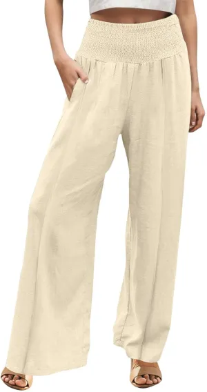Womens Linen Palazzo Pants Elastic Waist Wide Leg Trousers with Pockets Summer Vacation Lounge Beach Clothes