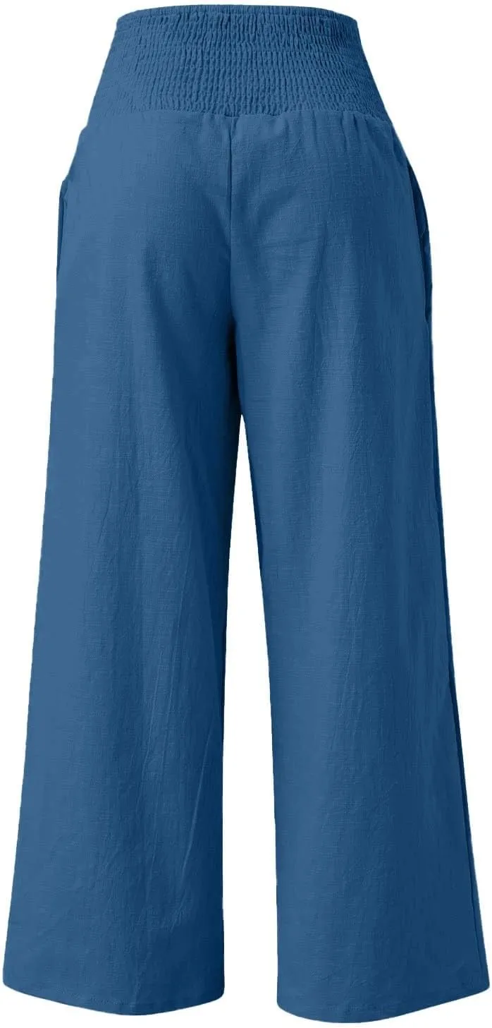 Womens Linen Palazzo Pants Elastic Waist Wide Leg Trousers with Pockets Summer Vacation Lounge Beach Clothes
