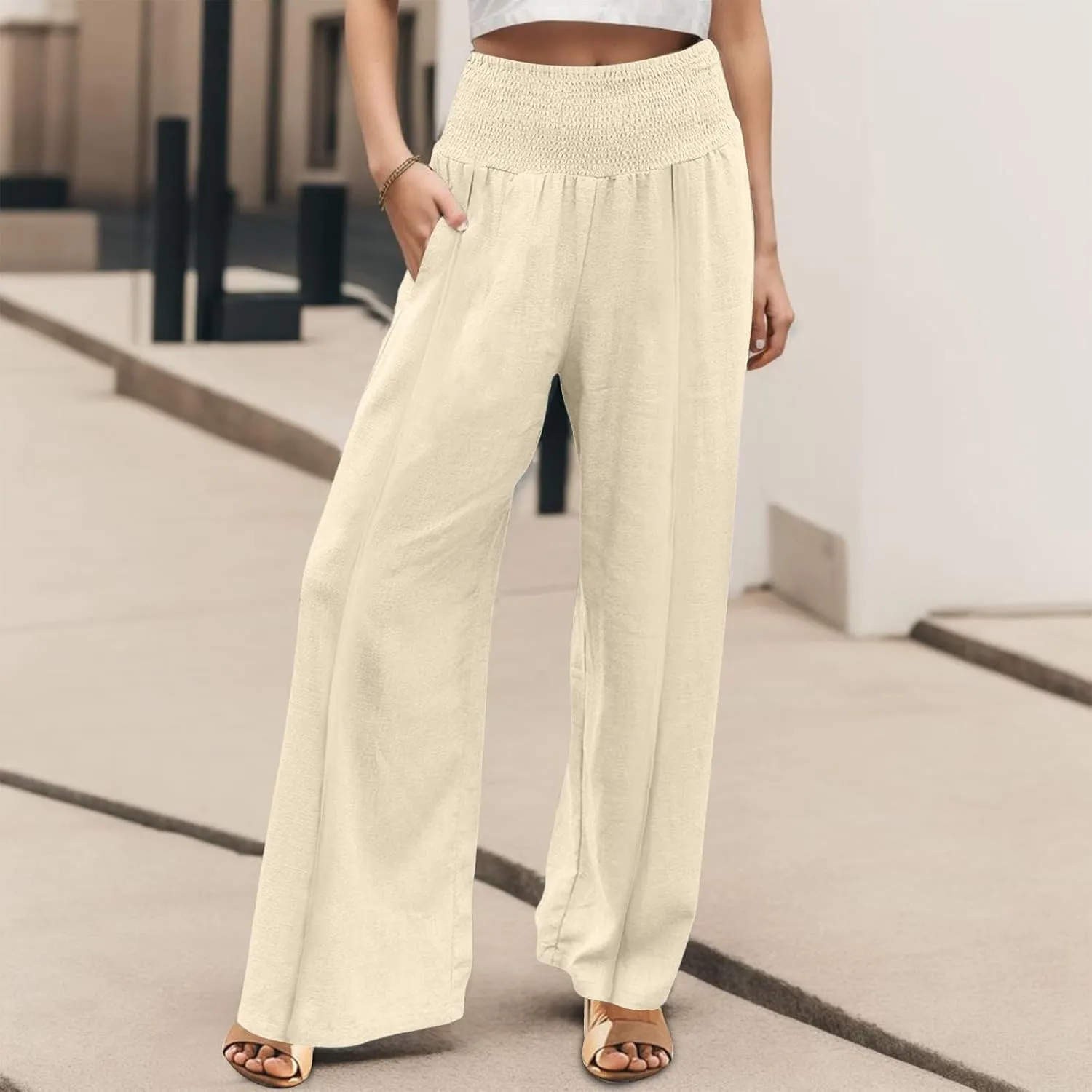 Womens Linen Palazzo Pants Elastic Waist Wide Leg Trousers with Pockets Summer Vacation Lounge Beach Clothes