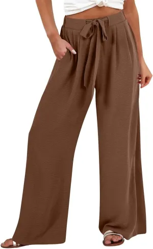 Women's Linen Palazzo Pants High Waist Wide Leg Flowy Pants Summer Beach Vacation Clothes Casual Loose Fit Outfits